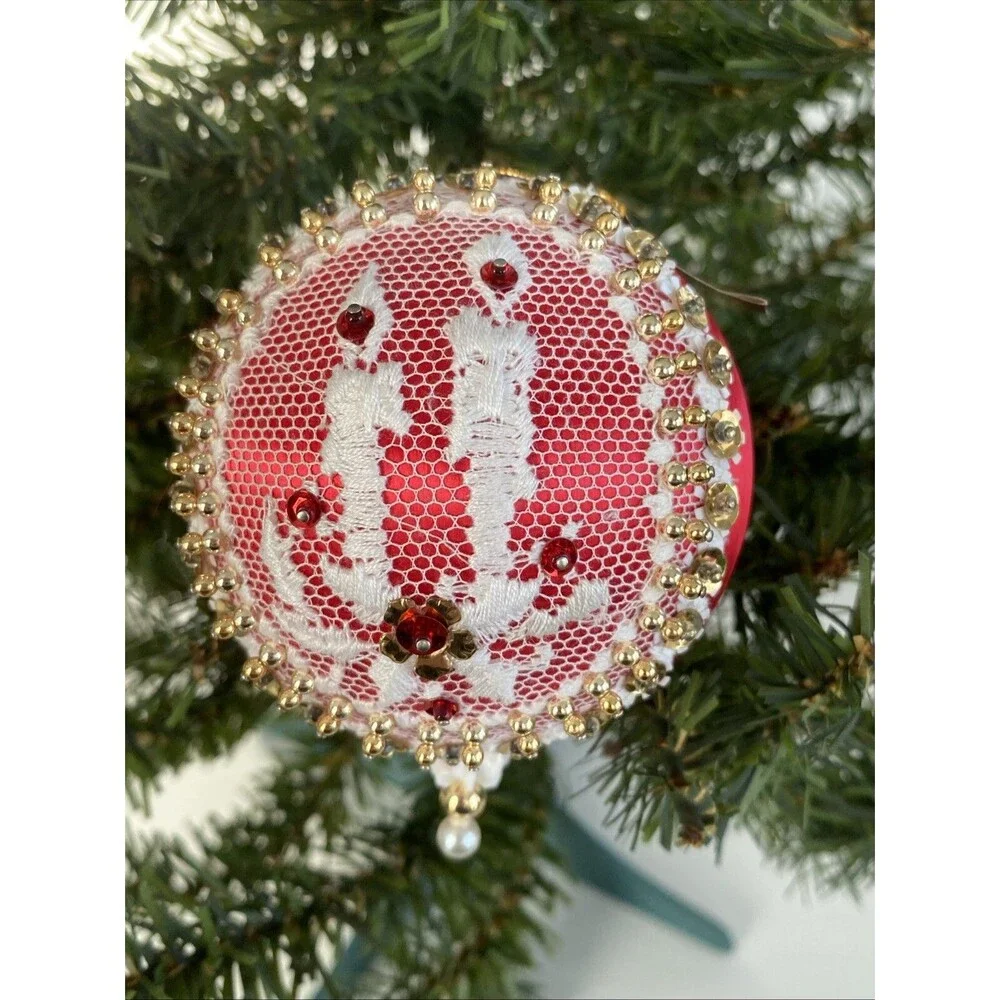 Red Satin Handmade Push Pin Christmas Ornament Lace Candle Scene Made by Van